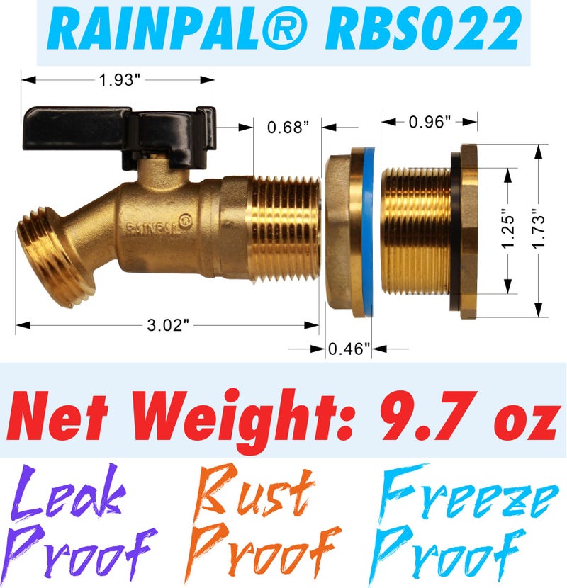 RAINPAL RBS022 Brass Rain Barrel Spigot(3/4" Quarter Turn Ball Valve w/ Bulkhead Fitting and Thread Tape) - Image 2